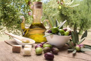 Tasting olive oil and freshly harvested olives.
